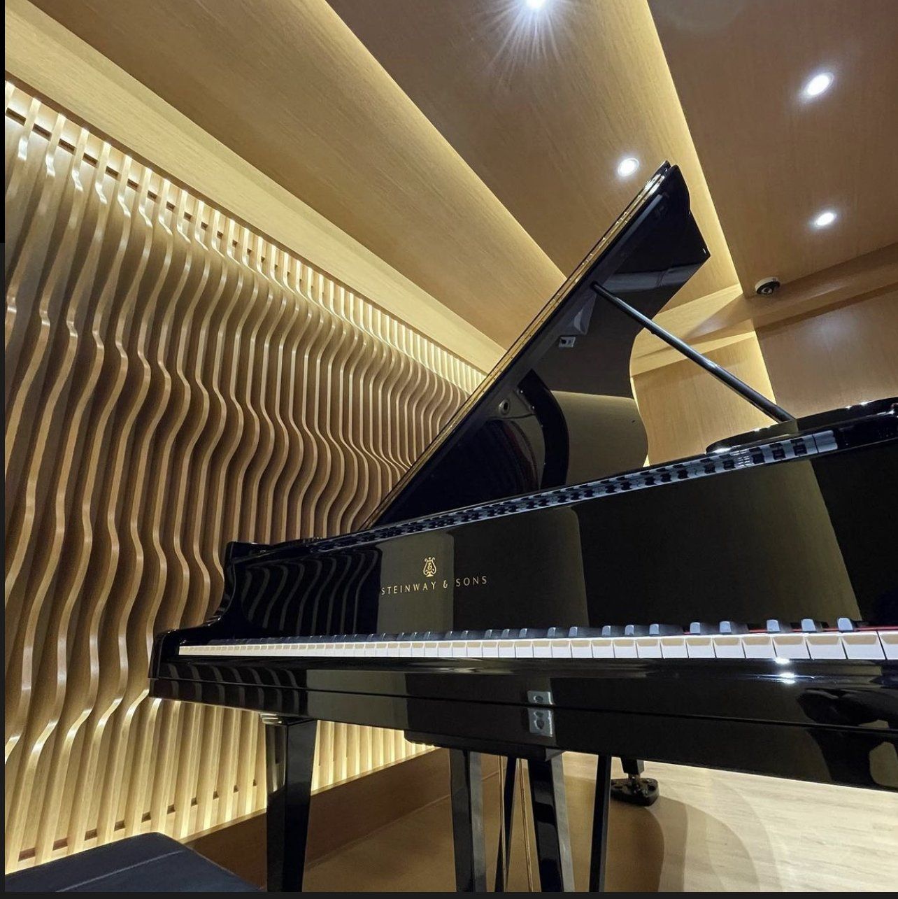 Black Steinway grand piano with raised lid
