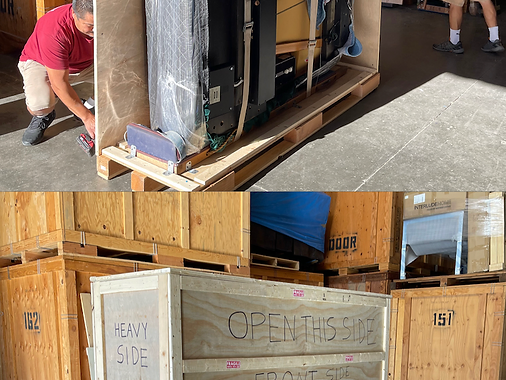 Grand piano being enclosed in a custom wooden crate with a drill